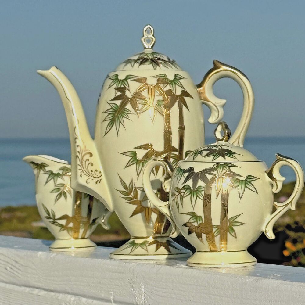 Vintage Handpainted Craftsman China Japan Bamboo Coffee Tea Set 3 Pc Teapot Gold